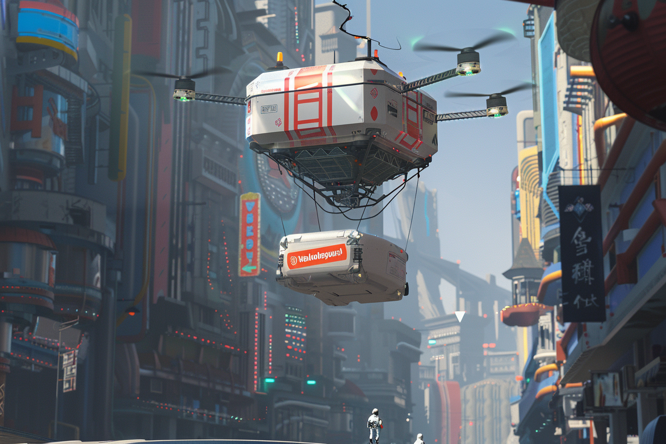 A modern city, a delivery drone is flying between large buildings