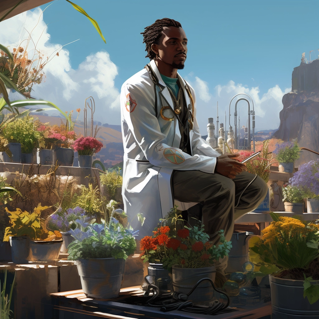 A Pioneer in a lab coat. Working in a rooftop garden doing scientific experiments.